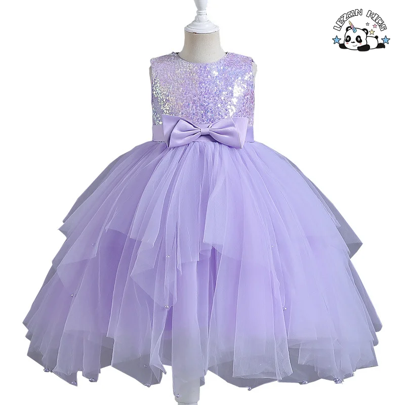 LEZONKIDS - Girls' Dress Sleeveless Skirt Irregular Short Dress Mesh Sequin Dress